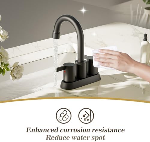 Phiestina 4 Inch 2 Handle Centerset Matte Black Lead-Free Modern Bathroom Faucet, 360 Swivel Spout 2-3 Hole RV Bathroom Vanity Sink Faucet with Pop Up Drain and Water Supply Lines，BF015-1-MB