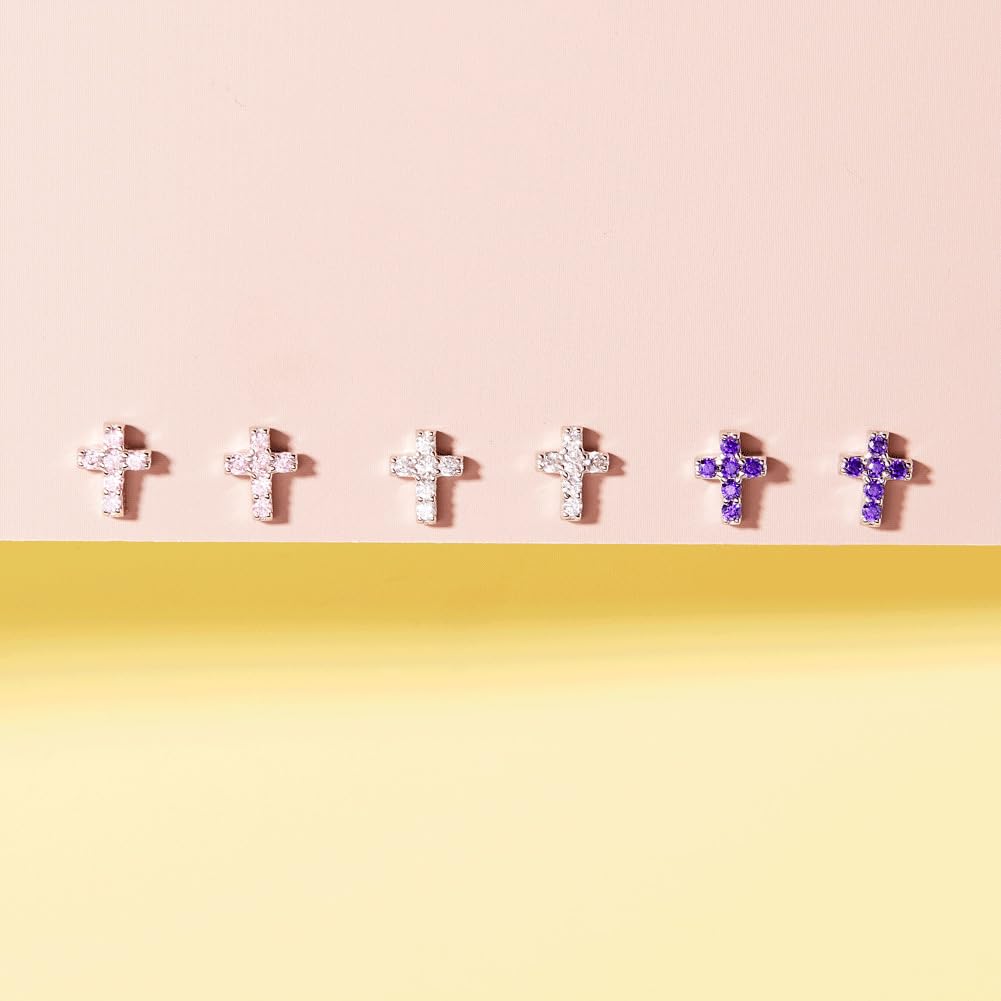 In Season Jewelry Sterling Silver Tiny CZ Cross Kids Earrings - Clear