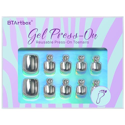 BTArtbox Press on Toenails Short, Metallic Mirror Sliver Toenail Press Ons Square, Fit Perfectly Press on Toe Nails with Glue, Fake Toenails in 16 Sizes- 32 Toenails Kit, Love Streams