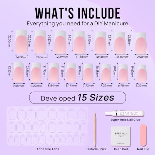 BTArtbox Press On Nails Long - French Tip Press On Nails Square, Fake Nail with Nail Glue, Natural Reusable Stick On Nails in 15 Sizes - 30 Fake Nails Kit