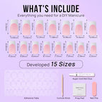 BTArtbox Press On Nails Long - French Tip Press On Nails Square, Fake Nail with Nail Glue, Natural Reusable Stick On Nails in 15 Sizes - 30 Fake Nails Kit