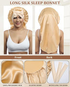 AWAYTR Long Silk Bonnet for Sleeping - 100% Mulberry Silk Bonnet for Women Long Hair Sleep Cap with Elastic Tie Band (Champagne)