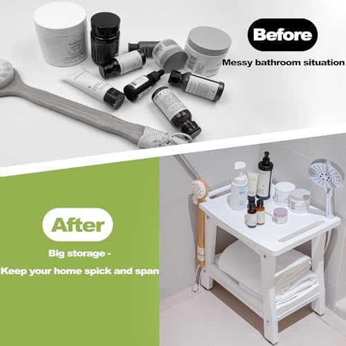 Y&M 2-Tier Bathroom Bench Shower with Waterproof Storage Shelf, HDPE Towel & Shower Head Shelves Curved Seat, Small Tub Chair for Shaving Legs Foot Stool, Bath, Spa, Indoor or Outdoor Use, White