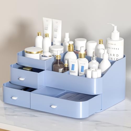 MIUOPUR Makeup Organizer for Vanity, Large Capacity Desk Organizer with Drawers for Cosmetics, Lipsticks, Jewelry, Nail Care, Skincare, Ideal for Bedroom and Bathroom Countertops - Large Blue