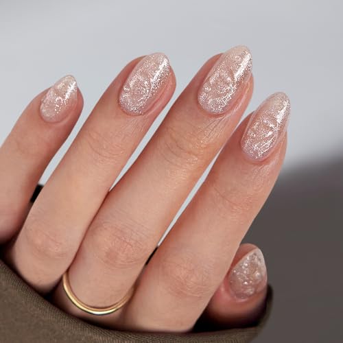 BTArtbox Press On Nails Almond - Short Press On Nails with 3D Sculpting Design, Glitter Water Drop Glue On Nails in 16 Sizes, Golden Fizz
