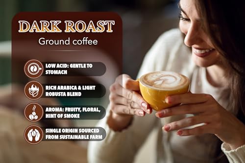 Tarmo Coffee | BOOST UP - Low Acid Ground Coffee, Vietnamese Coffee, Premium Arabica & Robusta Blend, Dark Roast Coffee, 12 Oz Bag
