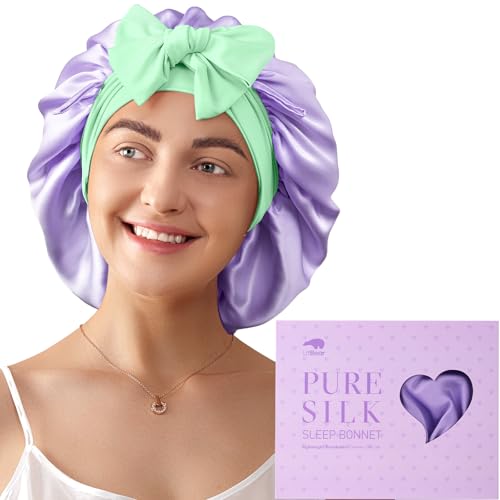 LitBear 100% Mulberry Silk Bonnet for Sleeping Women, 6A 22 Momme, Large Double-Layer Hair Wrap with Tie Band, Non-Slip Turban (Purple)