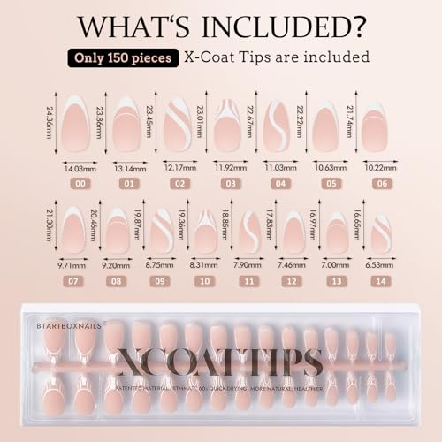 BTArtbox Press On Nails Almond - 5 Styles XCOATTIPS French Tip Almond Nails, Pre-Designed Swirl Soft Gel Nail Tips, Ultra Fit Medium False Nail, Soak Off Acrylic Fake Nails for Nail Art DIY