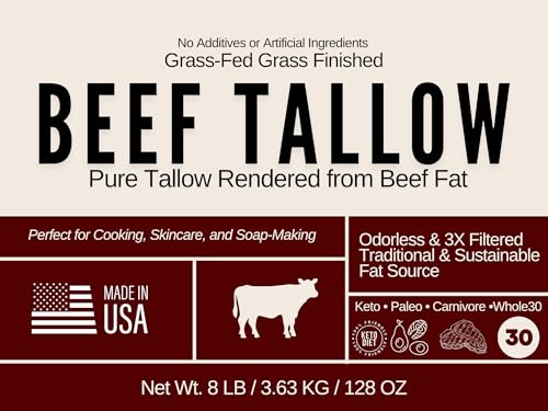Beef Tallow for Cooking 7 LB, 3X Rendered from Suet Amercian Cattle - No Additives For Skincare or Cosmetics Lotions, Skin, Balms, Soap, Face, Creams,Moisturizer) Keto, Carnivore, Paleo Friendly
