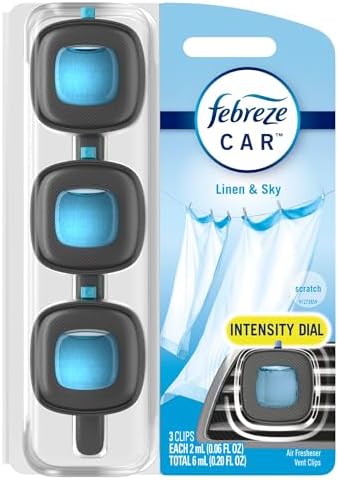 Febreze Car Air Freshener, Odor-Fighting Automotive Vent Clip, Linen & Sky Scent, 3 Count
