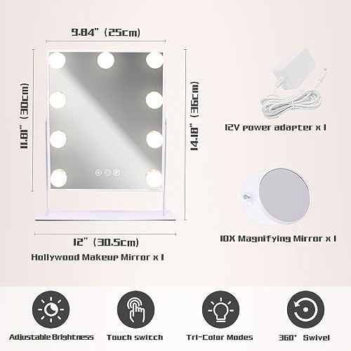 COOLJEEN Vanity Mirror with Lights, 9 Led Bulbs Lighted Makeup Mirror with Detachable 10X Magnification Mirror, Hollywood Mirror 3 Color Lights Tabletop Makeup Mirror, 360°Rotation