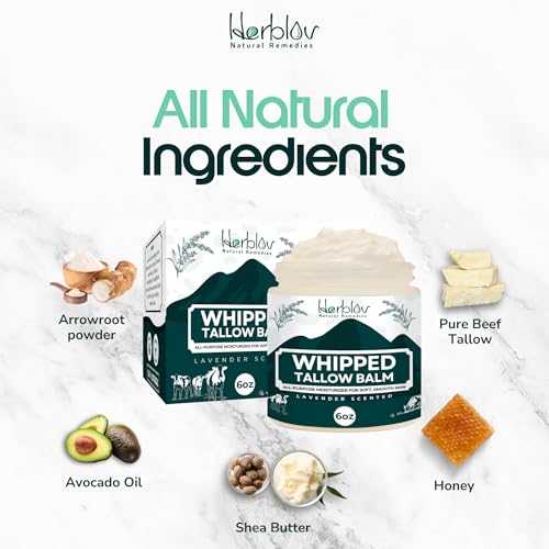 Beef Tallow Balm – Natural Grass Fed Whipped Tallow and Honey All Purpose Balm – Moisturizing Face and Body Lotion for Eczema, Cracked, Dry, Itchy, Irritated Skin – Skin Repair Made in USA (Lavender)