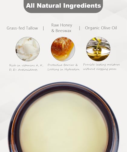 Beef Tallow for Skin (4 OZ), Whipped Beef Tallow and Honey Balm, Tallow Face Moisturizer, Grass Fed Beef Tallow for Face and All Skin Types