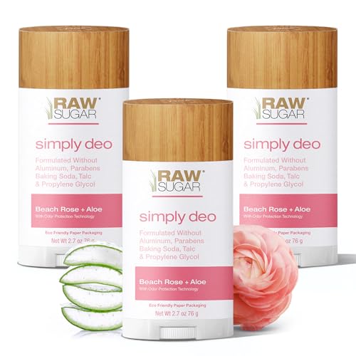 RAW SUGAR Aluminum Free Deodorant Stick, Simply Deo Bundle (Pack of 3) Whole Body Deodorant for Women & Men, Clean Formulated without Baking Soda, Talc & Parabens, Beach Rose + Aloe Scent