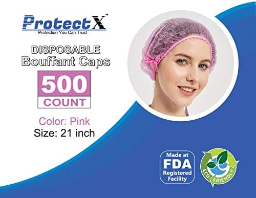 ProtectX 500-Pack Pink Disposable Hair Nets, Elastic Head Cover, Bouffant Caps, Sanitation Head Cover for Food Service, Spa Men & Women - 21 inch