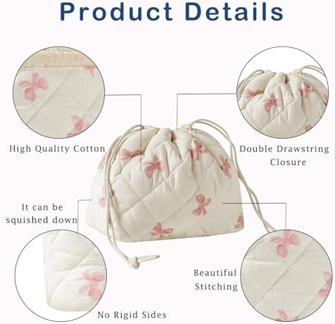 Cotton Quilted Drawstring Makeup Bag with Canvas Lining,Coquette Aesthetic Cute Travel Toiletry Bag,Drawstring Gift Bag for Women and Girls（09Little Pink Bow）