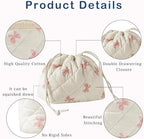 Cotton Quilted Drawstring Makeup Bag with Canvas Lining,Coquette Aesthetic Cute Travel Toiletry Bag,Drawstring Gift Bag for Women and Girls（09Little Pink Bow）