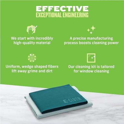 E-Cloth Microfiber Window Cleaning Cloth Kit - Glass Cleaning Cloth for Windows, Mirrors, Cars, Lenses, Eyeglasses, & More, Streak Free Clean, Machine Washable Reusable Towel - Green (2 Kits)
