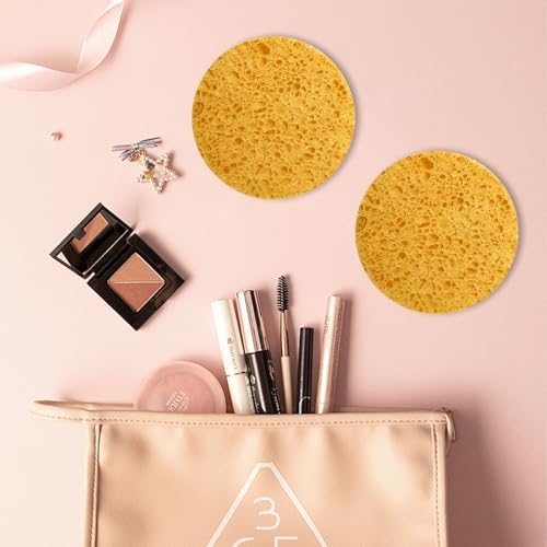50-Count Large Compressed Facial Sponges for Estheticians,Daily Cleansing and Gentle Exfoliating- 100% Natural Cellulose Spa Sponge Perfect for Removing Dead Skin,Dirt and Makeup(Round 2.95", Yellow)