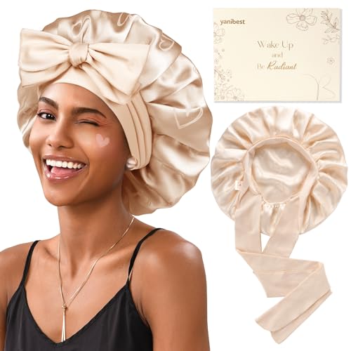 YANIBEST Double Layer Silk Satin Bonnet for Sleeping Women Printed Pattern Satin Bonnet with Tie Band for Women Curly Natural Hair