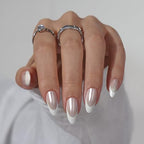 BTArtbox Press On Nails Almond - Chrome French Tip Press on Nails, White Glue On Nails for Gifts, Natural Reusable Glazed Stick On Nails in 15 Sizes - 30 Fake Nails Kit, White Swan