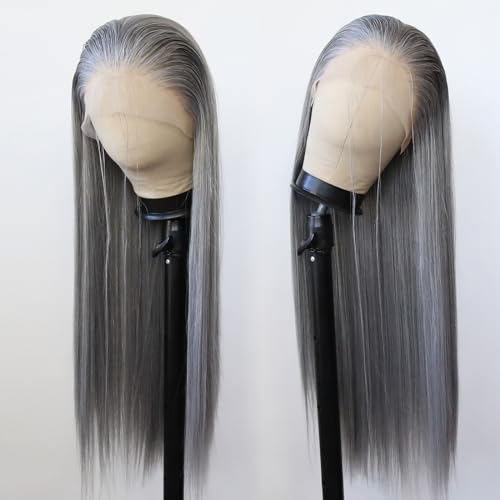 BTWTRY Gray Wig Long Straight Grandma Grey Synthetic Lace Front Wigs Pre Plucked Natural Hairline for Black Women Heat Resistant Fiber Hair Cosplay Daily Wear Wig (Grandma Grey)