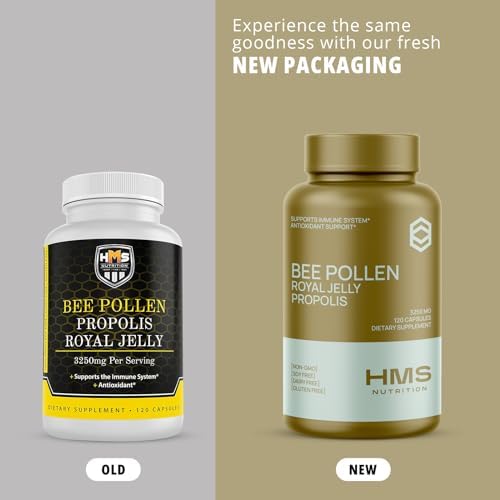 Premium Bee Pollen Daily Dietary Supplement - Includes Propolis & Royal Jelly - 3250mg Non-GMO, 120 Vegetarian Capsules - 30 Day Supply
