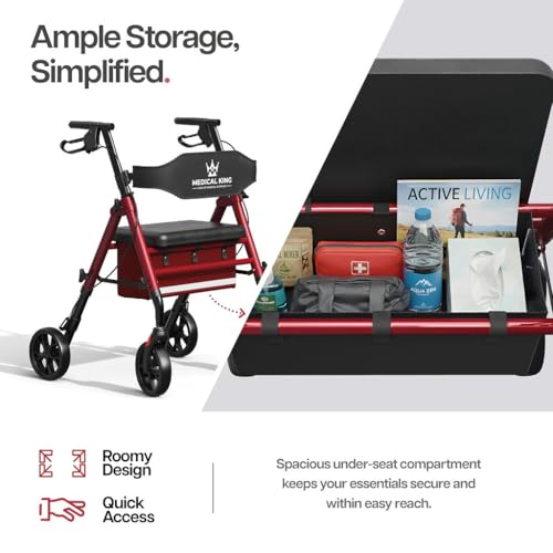 Walkers for Seniors with Seat Foldable Rollator Walker with 8" Wheels, Adjustable Handle Height, Comfortable Seat, 350 lb Capacity, Lightweight Rolling Walker with Storage Pouch - Red