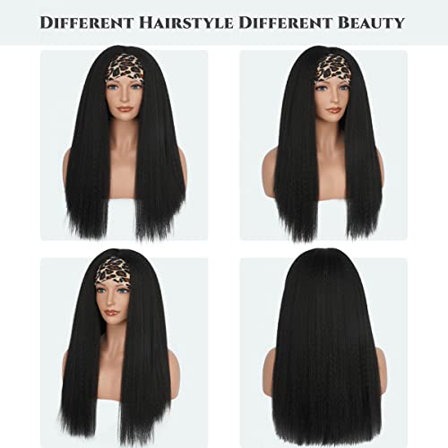 Kinky Straight Headband Wig, Soft & Natural as Human Hair, Glueless Headband Wigs for Black Women, Long Black Italian Yaki Synthetic Half Wig (1B Natural Black, 24 Inch)