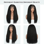 Kinky Straight Headband Wig, Soft & Natural as Human Hair, Glueless Headband Wigs for Black Women, Long Black Italian Yaki Synthetic Half Wig (1B Natural Black, 24 Inch)