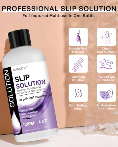 LOUINSTIC Polygel Slip Solution Liquid - 120ml Poly Nail Gel Slip Solutions Anti-stick Slip Solution for Polygels Nail colors