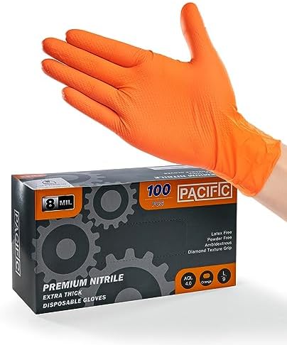 PACIFIC PPE Strength Nitrile Industrial Orange Gloves, 8 Mil, Diamond Texture Disposable Heavy-Duty, Powder Free, Medium, 100 Count