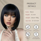 Black Bob Wig With Bangs Short Black Wig for Women 12 Inch Straight Bob wig with Bangs Synthetic Colorful Cosplay Daily Party Use（Nutural Black,12IN）