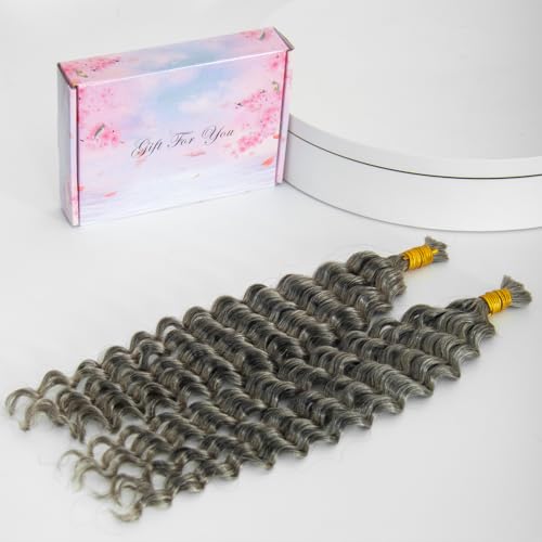 KRN Grey Braiding Hair Deep Wave Bulk Human Braiding Hair 2 Bundles/Pack 100g Curly Hair for Boho Braids 12A Salt And Pepper Braiding Human Hair No Weft Wet and Wavy Gray Braiding Hair 16Inch