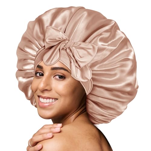 BONNET QUEEN Large Satin Bonnet Silk Bonnet for Sleeping Women Hair Bonnet Big Bonnet Night Sleep Cap Scarf Wrap for Curly Hair with Tie Band Champagne
