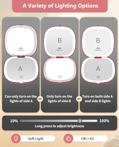 wobsion Travel Mirror with Light, Rechargeable 1x/10x Compact Magnifying Mirror, Dimmable Pocket Mirror,Handheld 2-Side Mirror with Light,4inch Travel Size,Portable for Handbag,Purse,Gift,Red