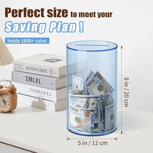 Hicocool Clear Piggy Bank for Adults Kids Must Break to Open, Blue Acrylic Piggy Bank Unopenable Money Savings Jar (8" H x 5" D)
