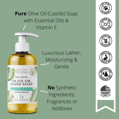 Brittanie's Thyme Organic Natural Hand Soap - 12 oz, Pack of 3 (Lemongrass) Castile Soap Made Olive Oil And Natural Luxurious Essential Oils. Vegan & Gluten Free