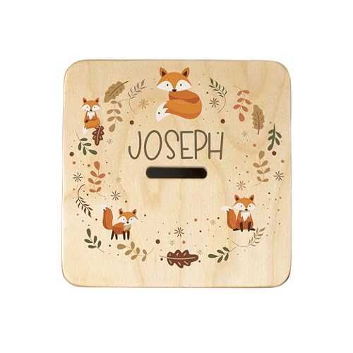 Wooden Piggy Bank for Kids and Adults, Personalized Gift Handmade in USA by BloomOwl, Custom Piggy Bank, Personalized Banks for Kids, Gifts for Baby Boys and Girls (Woodland Friends) (Woodland- Fox)