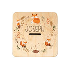 Wooden Piggy Bank for Kids and Adults, Personalized Gift Handmade in USA by BloomOwl, Custom Piggy Bank, Personalized Banks for Kids, Gifts for Baby Boys and Girls (Woodland Friends) (Woodland- Fox)