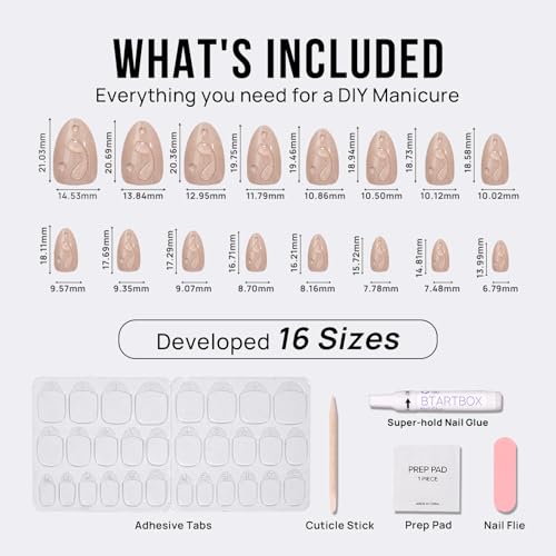 BTArtbox Press On Nails Almond - Short Press On Nails with 3D Sculpting Design, Glitter Water Drop Glue On Nails in 16 Sizes, Golden Fizz