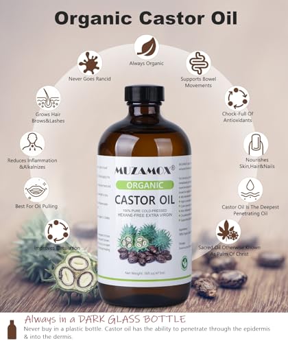 Organic Castor Oil Cold Pressed Glass Bottle, 100% Pure, Cold Pressed & Hexane Free, Castor Oil for Hair Growth & Care, Thicker Eyelashes & Eyebrows and Castor Oil Pack, 16 Fl Oz