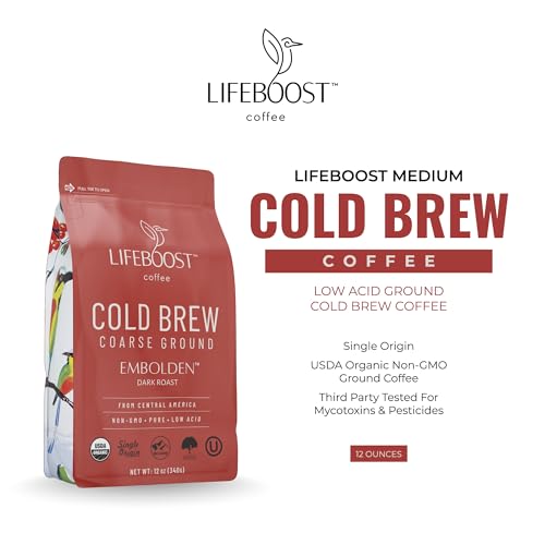 Lifeboost Dark Cold Brew Coffee - Low Acid Coarse Ground Coffee for Cold Brew - Single Origin Non-GMO USDA Organic Cold Brew Coffee Grounds - 3rd Party Tested For Mycotoxins & Pesticides - 12 Ounces