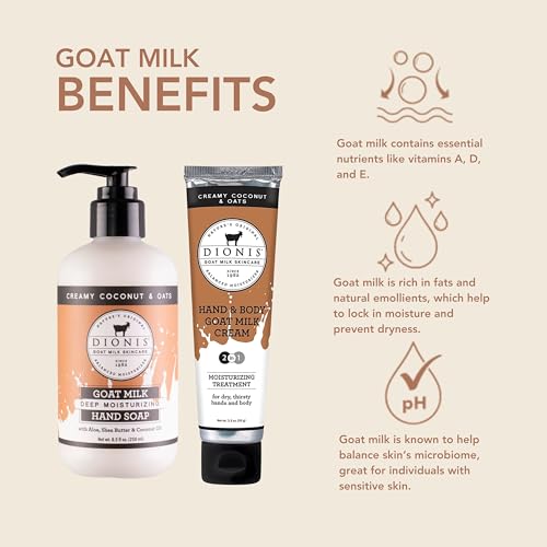 Dionis Goat Milk Skincare Creamy Coconut & Oat 8.5oz Hydrating Body Lotion and 3.3oz Hand & Body Moisturizing Travel Size Cream Bundle, Natural Ingredients, Made in the USA, Cruelty Free, Paraben Free