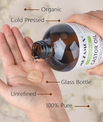 Organic Castor Oil Cold Pressed Glass Bottle, 100% Pure, Cold Pressed & Hexane Free, Castor Oil for Hair Growth & Care, Thicker Eyelashes & Eyebrows and Castor Oil Pack, 16 Fl Oz