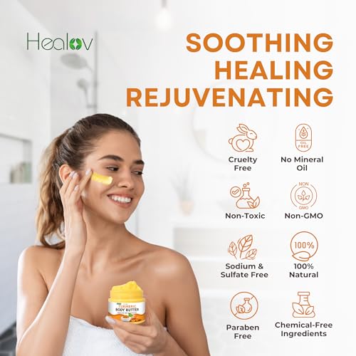 Turmeric Face Cream – All Natural Skin Brightening Lotion – Turmeric Whipped Body Butter for Dark Spots, Hyperpigmentation – Turmeric Skincare Cleanses, Fights Acne, Evens Tone, Scars, Sun Damage