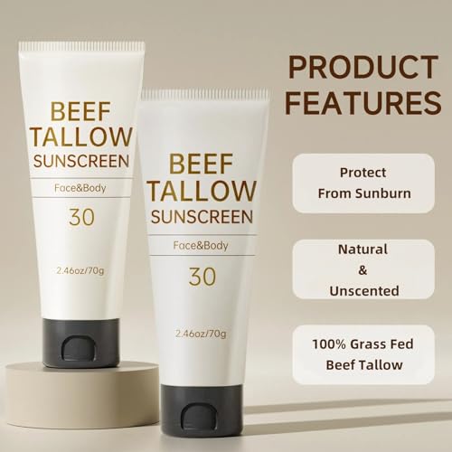 Tallow Sunscreen, Beef Tallow for Skin, Organic Beef Tallow Sunscreen, Unscented Grass-Fed Beef Tallow Natural Moisturizing Cream for All Skin Type Deep Hydration Non Greasy Anti White Cast
