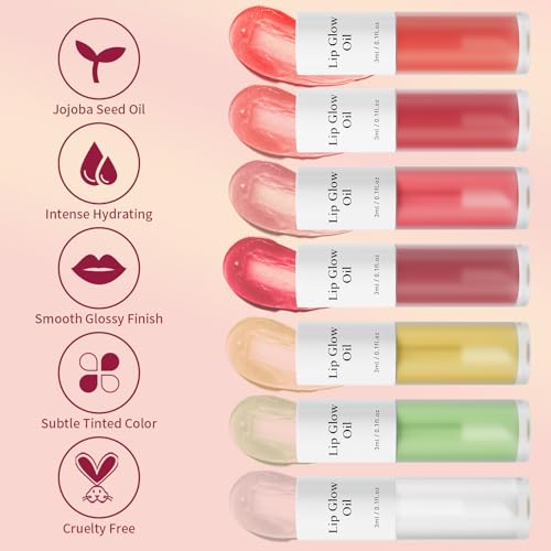 Hydrating Lip Glow Oil - 2PCS Tinted Moisturizing Lip Gloss Plumping Long-Lasting Shiny Fruit Flavor Lip Stain, 0.10 Fl Oz (Raspberry&Peony)