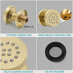 Brass Round Shower Body Spray Jets 6 Pack, HOMEDEC Spa Massage Nozzle 2inch Rain Showerhead Wall Mount Rainfall Shower Head Sprayer, Brushed Gold