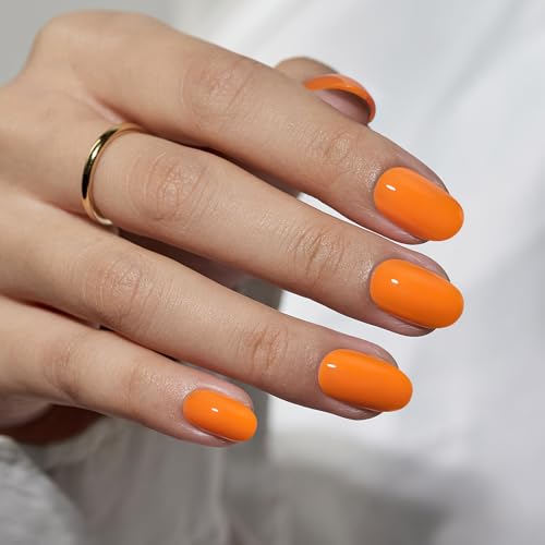 BTArtbox Press On Nails Short - Soft Gel Orange Press on Nails, Short Oval Fake Nails with Nail Glue, Fit Perfectly, Fall Glue On Nails in 16 Sizes Nail Kit for Spring Day, Maple